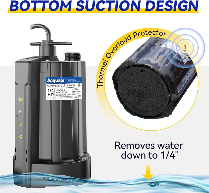 Acquaer 1/4 HP Automatic Sump Pump, 115V Submersible Water Pump with 3/4” Garden Hose Check Valve Adapter,1980 GPH High Flow Water Removal for Swimming Pool Cover Hot Tubs Flooded House Basement - Image 5